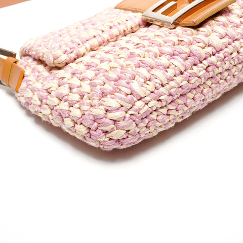 FENDI Mamma Baguette Straw Braid Shoulder Bag pink WS27205
