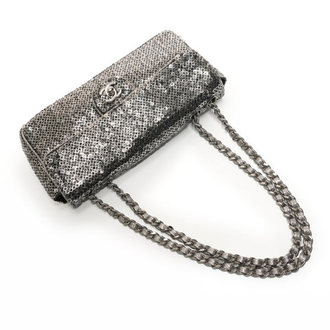 CHANEL Booth #11 Satin Sequins Shoulder Bag Silver WS27207
