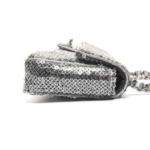 CHANEL Booth #11 Satin Sequins Shoulder Bag Silver WS27207