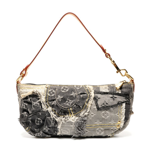 LOUIS VUITTON 2007 Monogram Denim Patchwork Pouch Shoulder Bag gray WS27229