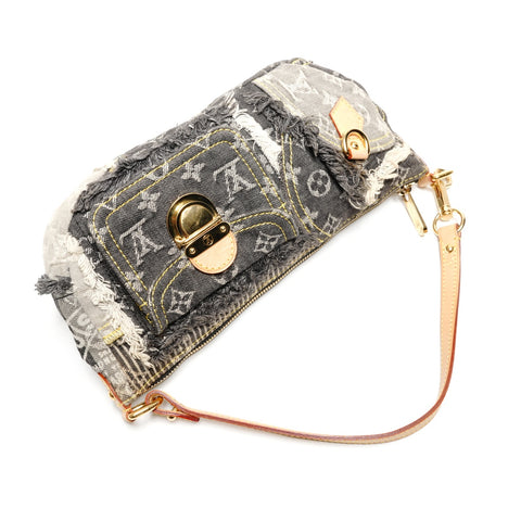 LOUIS VUITTON 2007 Monogram Denim Patchwork Pouch Shoulder Bag gray WS27229
