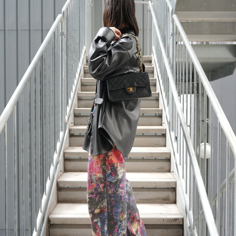 CHANEL No. 1 1985-1991 Lambskin Matelasse Double Flap Shoulder Bag black WS27248