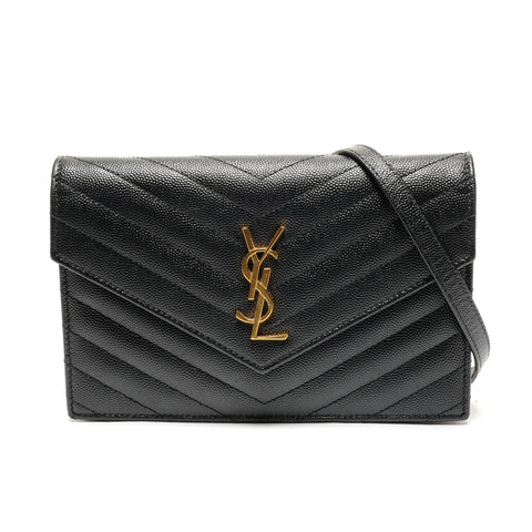 YVES SAINT LAURENT Cassandra Leather V-Stitch Chain Wallet Shoulder Bag black WS27256