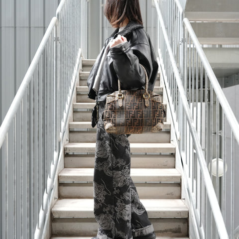 FENDI Zucchino canvas mini Boston bag Handbag Brown WS27257