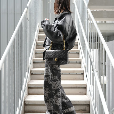 CHANEL No. 3 1994-1996 Lambskin Matelasse 25 Double Flap Shoulder Bag black WS27264