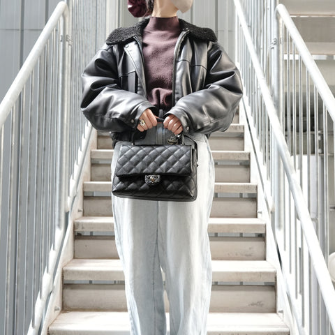 CHANEL No. 11 2006-2008 Caviar Skin Kelly Matelasse Metal Silver Handbag black WS27286