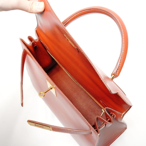 HERMES Kelly 28 Boxcalf Brick A Handbag Orange WS27298