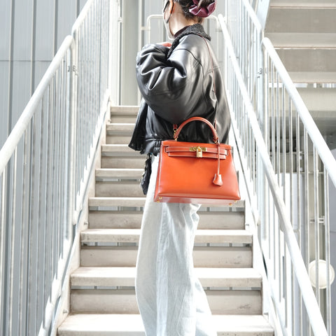 HERMES Kelly 28 Boxcalf Brick A Handbag Orange WS27298