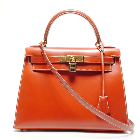 HERMES Kelly 28 Boxcalf Brick A Handbag Orange WS27298