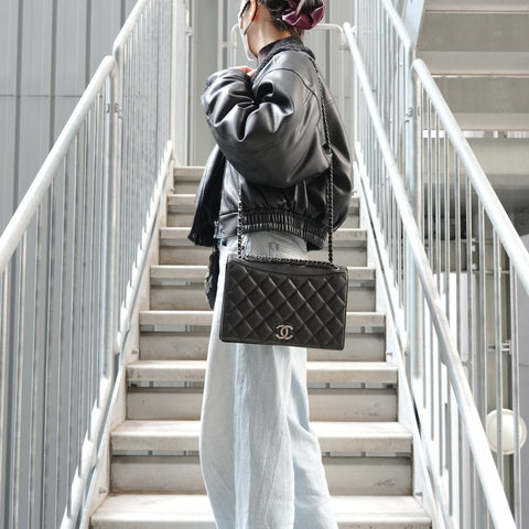 CHANEL No. 21 2015-2016 Matelasse Deca COCO Mark Gunmetal Shoulder Bag black WS27308