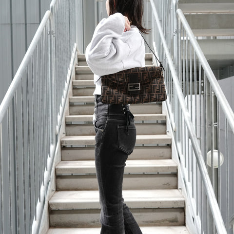 FENDI Zucca Mamma Baguette Canvas Shoulder Bag Brown WS27321