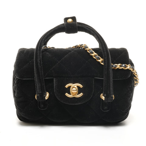 CHANEL 2022-2025 Velour Mini Boston Bag (2-Wege) Umhängetasche schwarz WS27357
