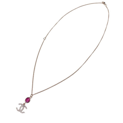 Chanel Coco Mark Rhinestone Colored Stone Necklace Gold WS2736