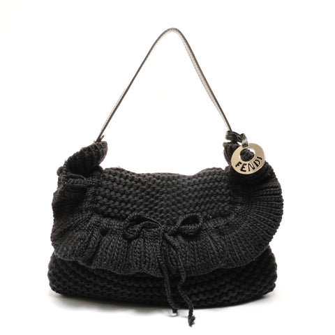 FENDI Knitted ruffle wool with logo charm Shoulder Bag black WS27394