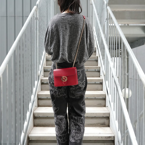 GUCCI Interlocking G Leather Shoulder Bag Red WS27413