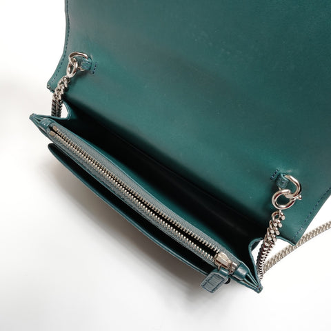 YVES SAINT LAURENT Embossed Leather 2-Way Chain Wallet Metal Silver Shoulder Bag green WS27431