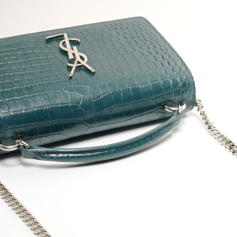 YVES SAINT LAURENT Embossed Leather 2-Way Chain Wallet Metal Silver Shoulder Bag green WS27431