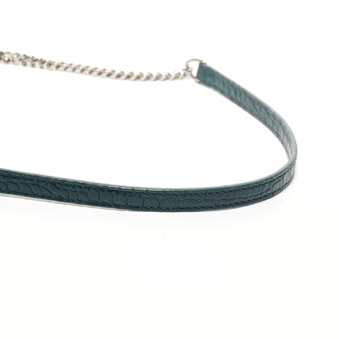 YVES SAINT LAURENT Embossed Leather 2-Way Chain Wallet Metal Silver Shoulder Bag green WS27431