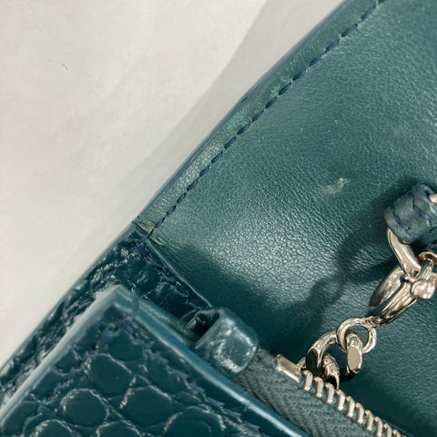 YVES SAINT LAURENT Embossed Leather 2-Way Chain Wallet Metal Silver Shoulder Bag green WS27431