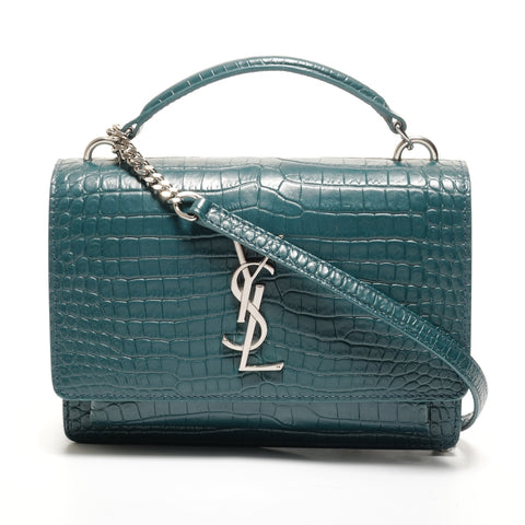 YVES SAINT LAURENT Embossed Leather 2-Way Chain Wallet Metal Silver Shoulder Bag green WS27431