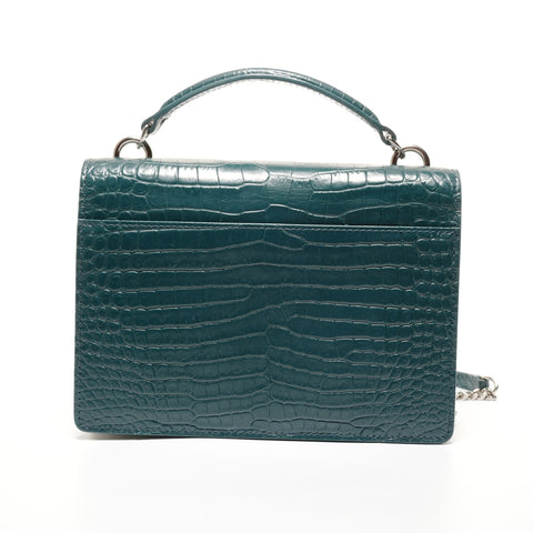 YVES SAINT LAURENT Embossed Leather 2-Way Chain Wallet Metal Silver Shoulder Bag green WS27431