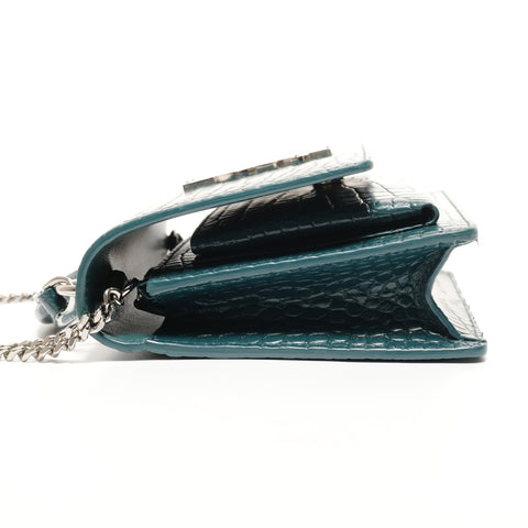 YVES SAINT LAURENT Embossed Leather 2-Way Chain Wallet Metal Silver Shoulder Bag green WS27431