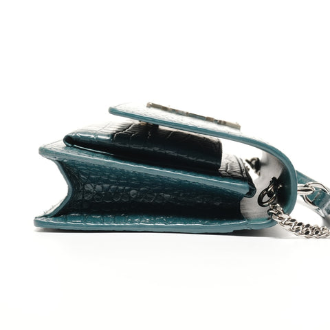YVES SAINT LAURENT Embossed Leather 2-Way Chain Wallet Metal Silver Shoulder Bag green WS27431
