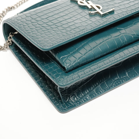 YVES SAINT LAURENT Embossed Leather 2-Way Chain Wallet Metal Silver Shoulder Bag green WS27431