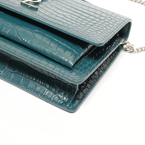 YVES SAINT LAURENT Embossed Leather 2-Way Chain Wallet Metal Silver Shoulder Bag green WS27431