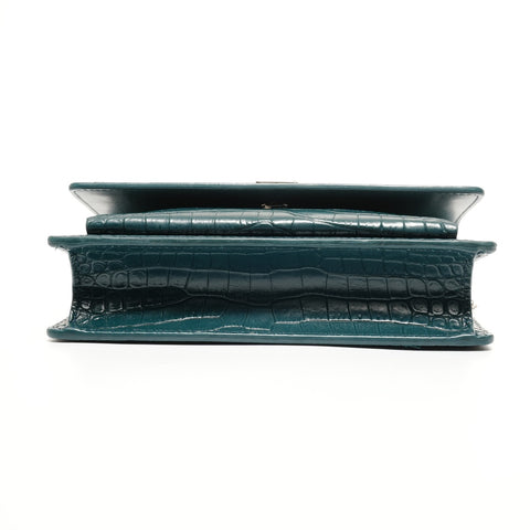 YVES SAINT LAURENT Embossed Leather 2-Way Chain Wallet Metal Silver Shoulder Bag green WS27431