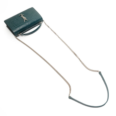 YVES SAINT LAURENT Embossed Leather 2-Way Chain Wallet Metal Silver Shoulder Bag green WS27431
