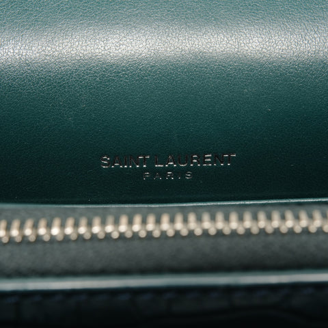 YVES SAINT LAURENT Embossed Leather 2-Way Chain Wallet Metal Silver Shoulder Bag green WS27431