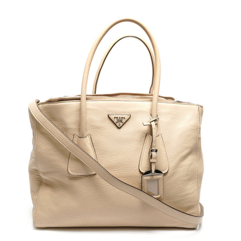 PRADA Leather 2way Tote Bag beige WS27472