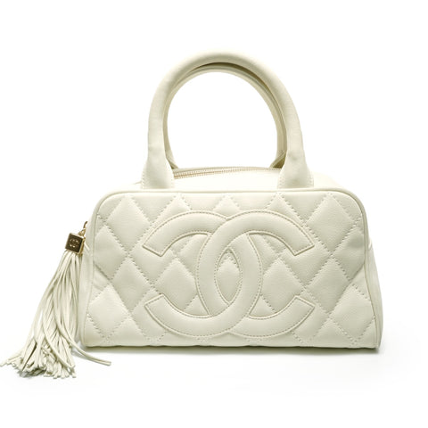 CHANEL Soft Caviar COCO Mark Fringe Boston Bag Handbag white WS27473