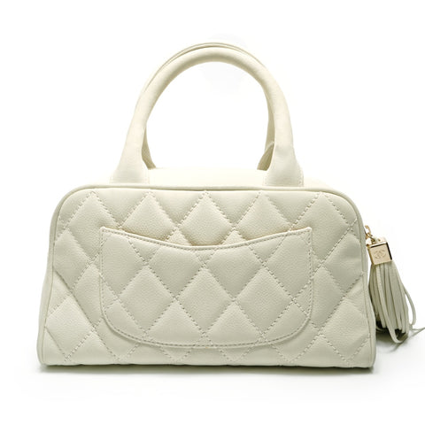 CHANEL Soft Caviar COCO Mark Fringe Boston Bag Handbag white WS27473