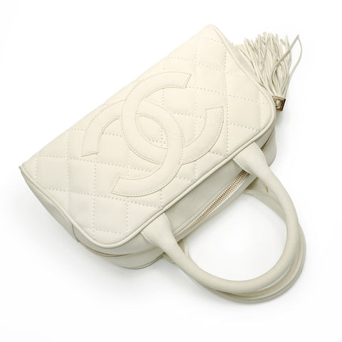 CHANEL Soft Caviar COCO Mark Fringe Boston Bag Handbag white WS27473