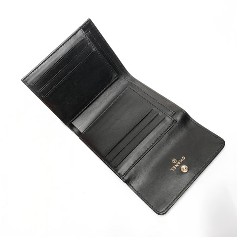 CHANEL 2015 Camellia Leather Compact Tri-fold wallet black WS27485