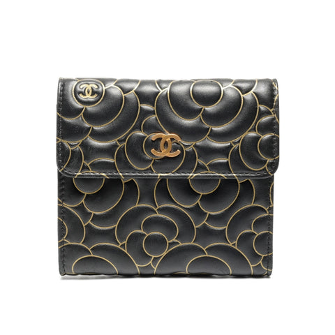 CHANEL 2015 Camellia Leather Compact Tri-fold wallet black WS27485