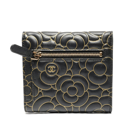 CHANEL 2015 Camellia Leather Compact Tri-fold wallet black WS27485