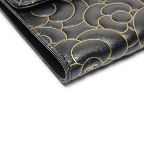 CHANEL 2015 Camellia Leather Compact Tri-fold wallet black WS27485