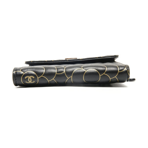 CHANEL 2015 Camellia Leather Compact Tri-fold wallet black WS27485