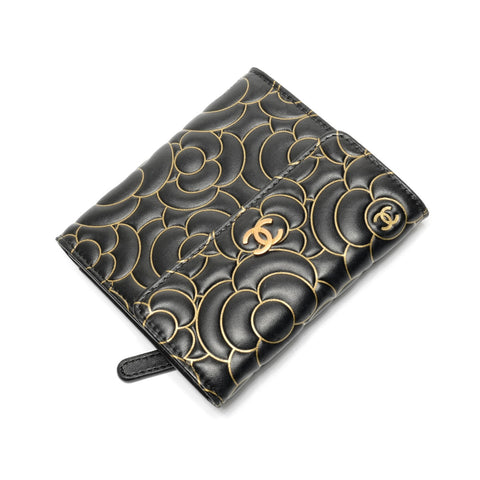 CHANEL 2015 Camellia Leather Compact Tri-fold wallet black WS27485
