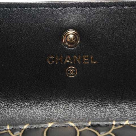 CHANEL 2015 Camellia Leather Compact Tri-fold wallet black WS27485