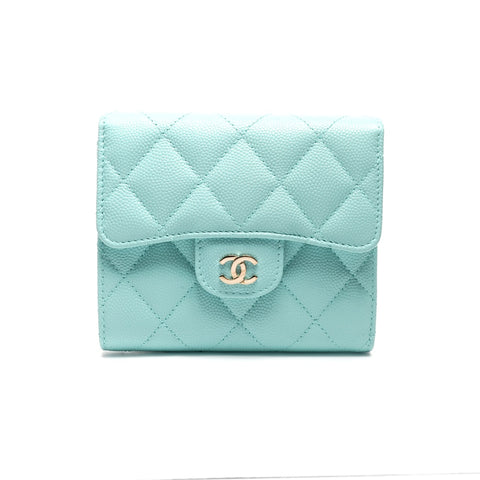 CHANEL 2018 Caviar Skin Matelasse Compact Wallet Tri-fold wallet blue WS27488