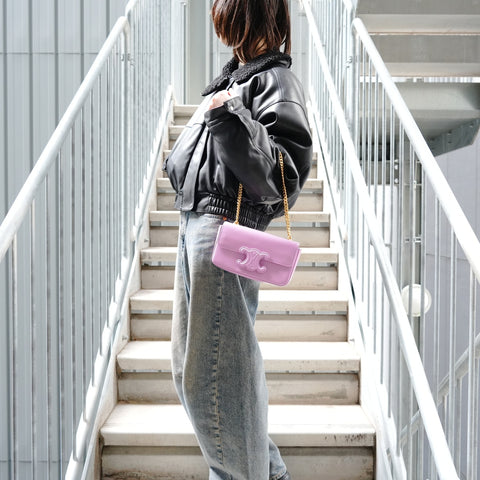 CELINE Triomphe Chain Shoulder Bag, Shiny Calfskin Shoulder Bag pink WS27500