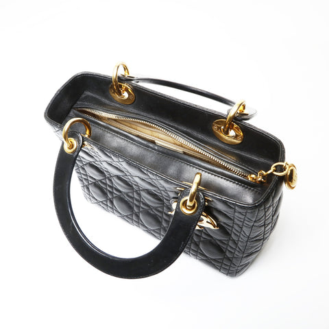 Christian Dior Cannage Lady Dior 2WAY Metal Gold Shoulder Bag black WS27524