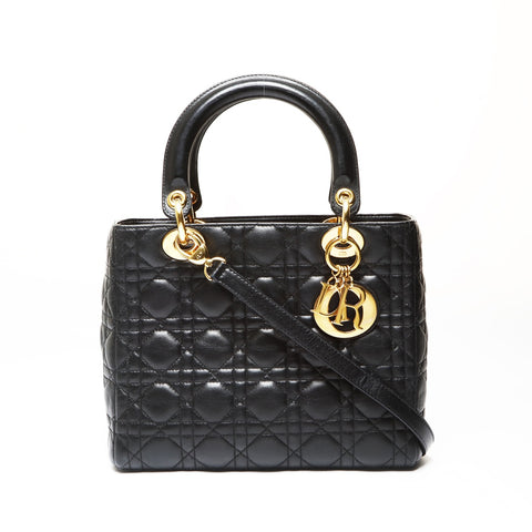 Christian Dior Cannage Lady Dior 2WAY Metal Gold Shoulder Bag black WS27524