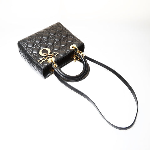 Christian Dior Cannage Lady Dior 2WAY Metal Gold Shoulder Bag black WS27524