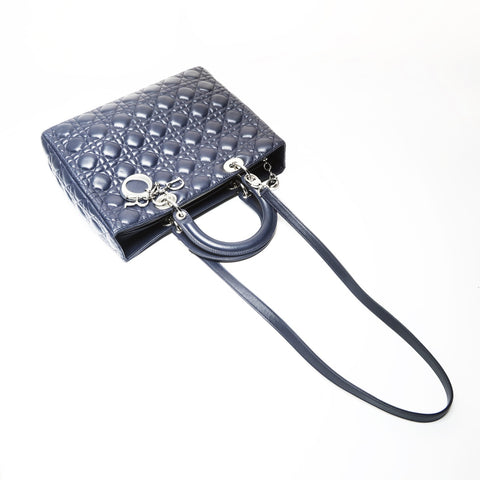 Christian Dior Cannage Lady Dior 2WAY Metal Silver Shoulder Bag Navy WS27525