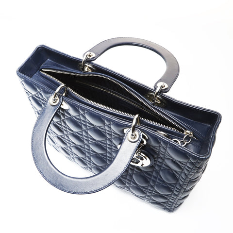 Christian Dior Cannage Lady Dior 2WAY Metal Silver Shoulder Bag Navy WS27525